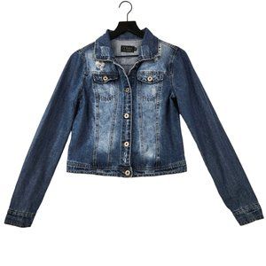 Ci Sono Denim Jacket Junior's Size M Blue Distressed Cropped Biker Moto Rocker